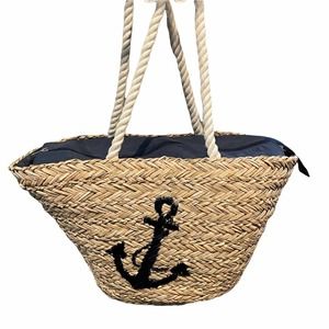 Nautical Straw Tote with Black Anchor Design